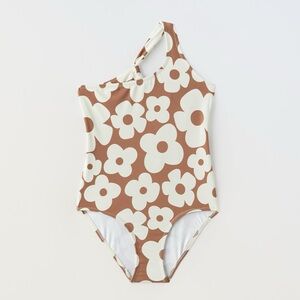 Floral Zara Girls Swimsuit Swim Brown and Beige flowers sz 120 6/7 Cute